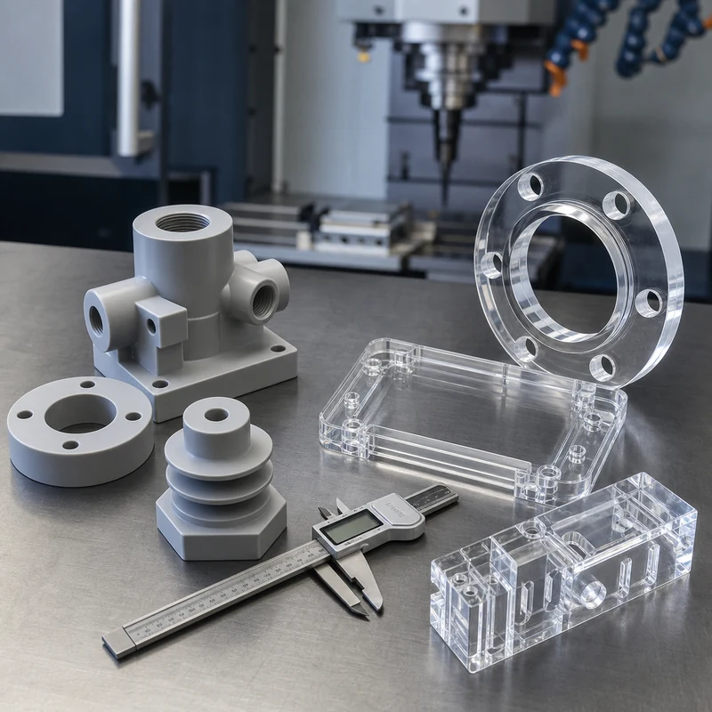 Rigid PVC and clear acrylic CNC machined parts on an inspection bench