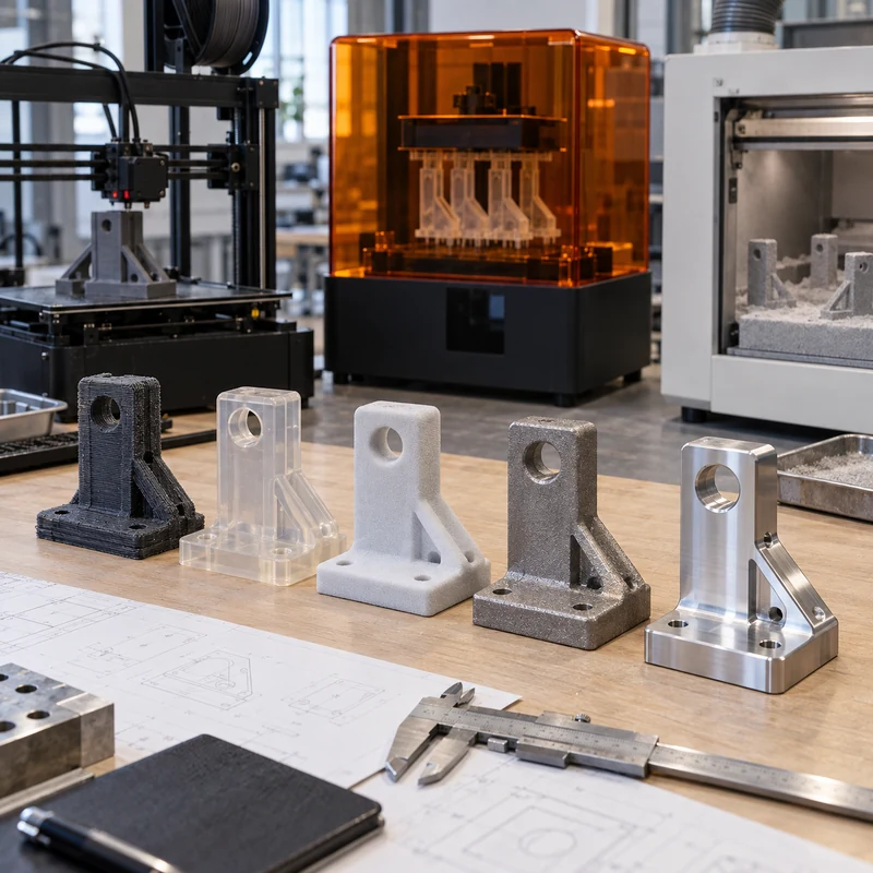 Same prototype bracket made by FDM, SLA, SLS, metal printing, and CNC machining