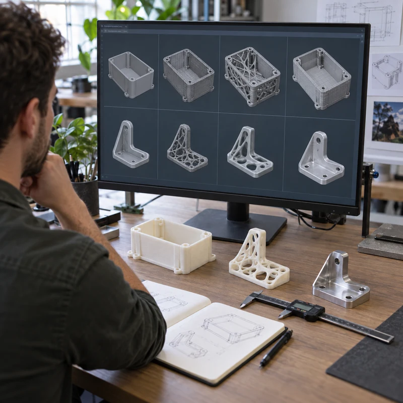 Designer evaluating AI-generated 3D enclosure and bracket models beside physical prototypes