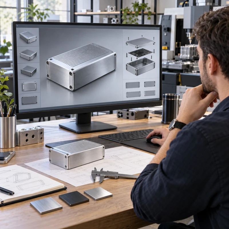 Product designer comparing an AI enclosure render with a physical CNC-machined aluminum prototype