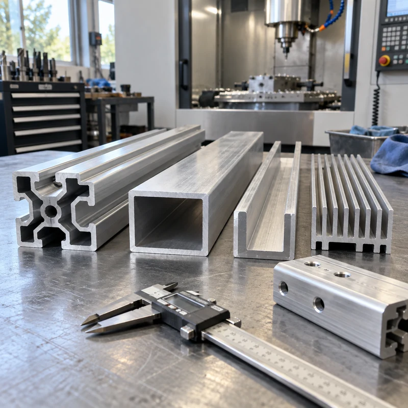 Different aluminum extrusion cross sections and a drilled rail on a machining inspection bench