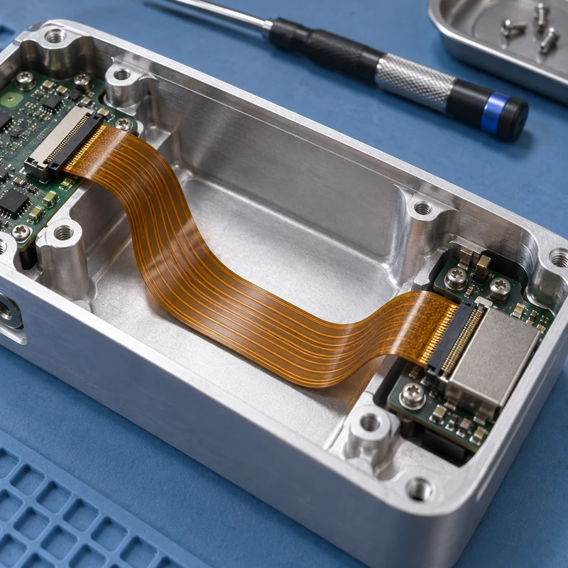 Flexible amber circuit routed in a broad loop inside an open machined aluminum enclosure