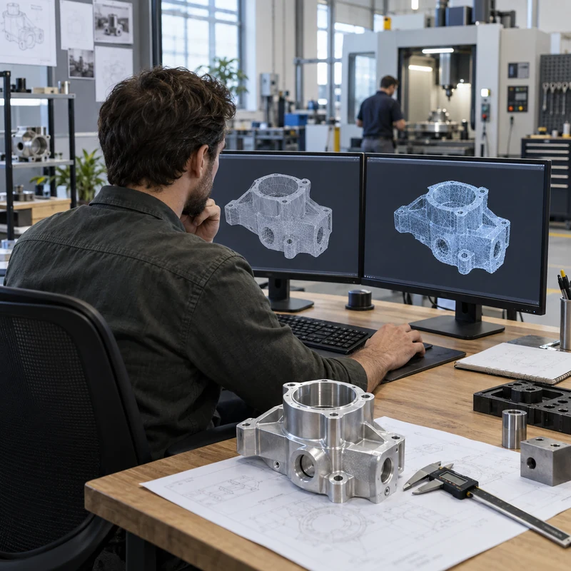 Mechanical designer comparing two image-to-3D mesh reconstructions beside a machined aluminum housing
