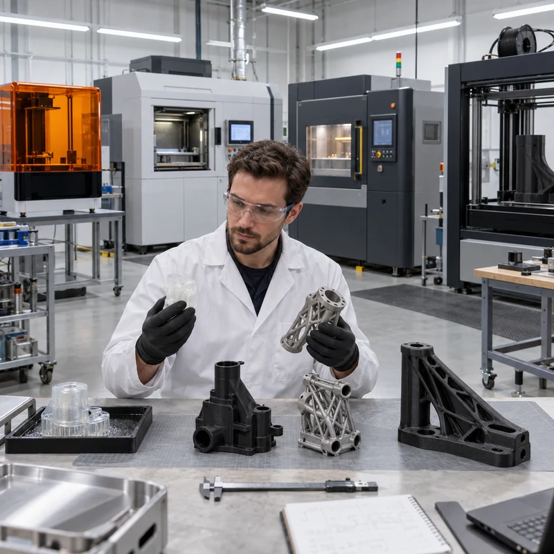 Engineer comparing resin, nylon, metal, and reinforced polymer parts made by industrial 3D printing processes