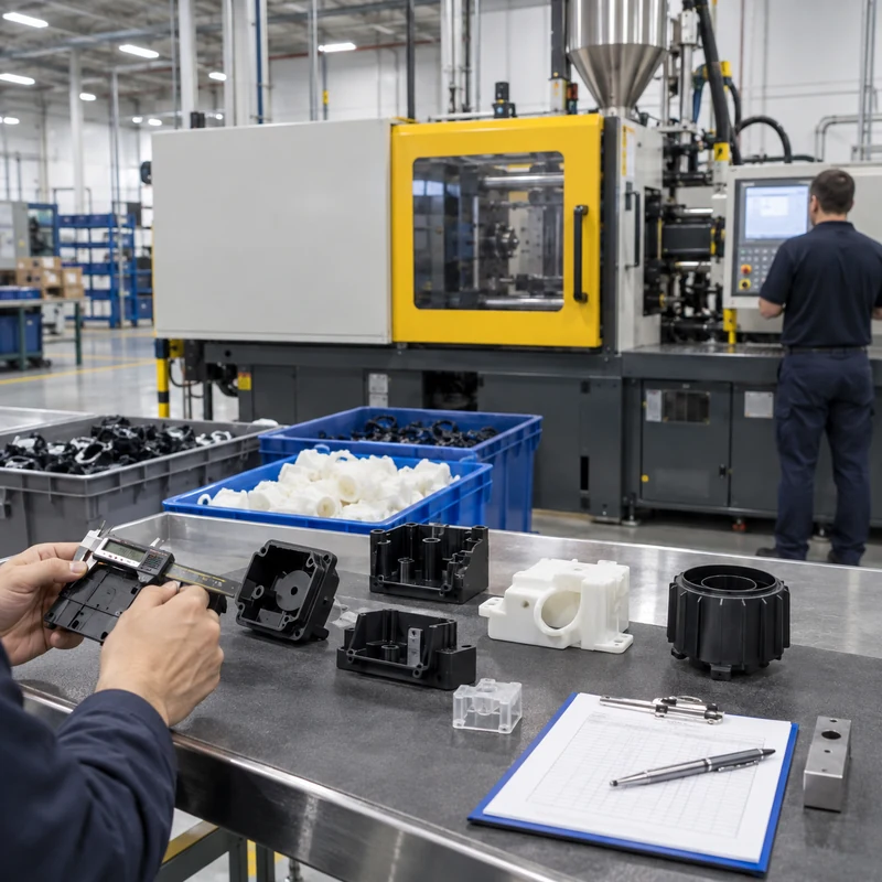 Quality technician measuring molded plastic parts inside a modern injection molding factory