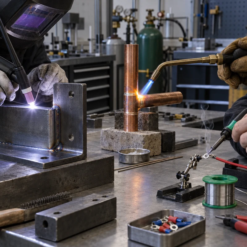 Workshop comparison of TIG welding, copper brazing, and electrical soldering