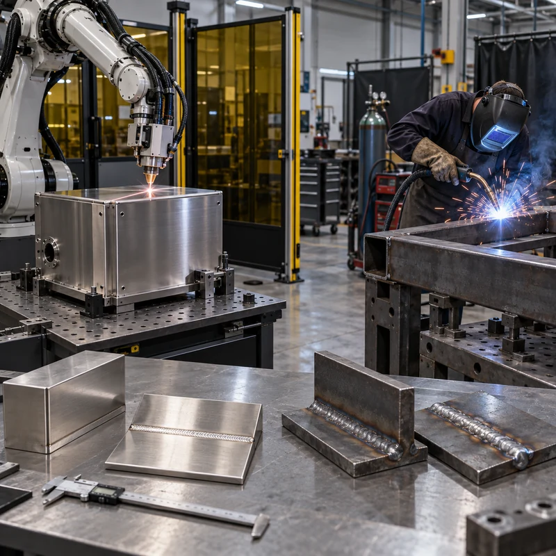 Robotic laser welding a stainless enclosure beside MIG welding a heavy steel frame