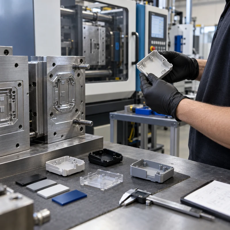 Technician reviewing short-run molded housings beside an aluminum prototype mold insert