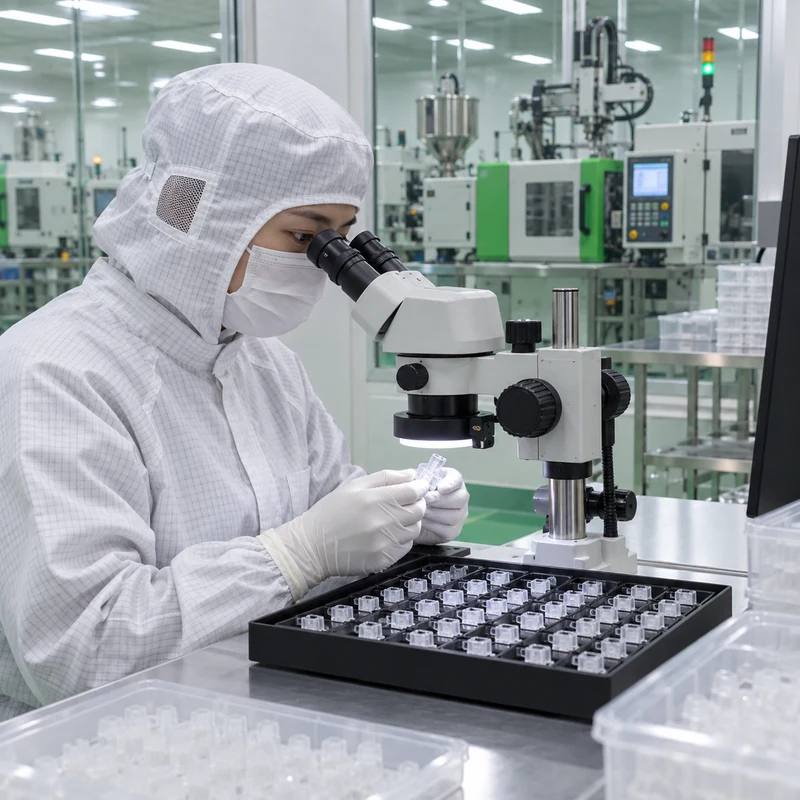 Cleanroom technician examining molded connector housings with an optical inspection microscope