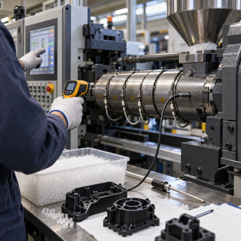 Technician checking injection molding barrel temperature with resin and molded parts nearby