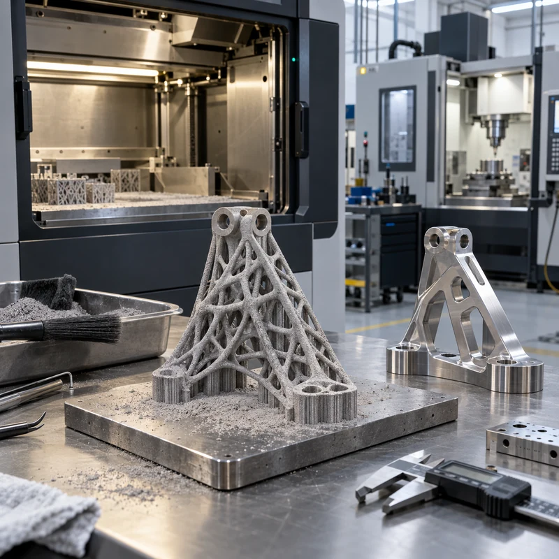 Metal powder-bed printed lattice bracket beside a CNC-finished precision component in a manufacturing lab