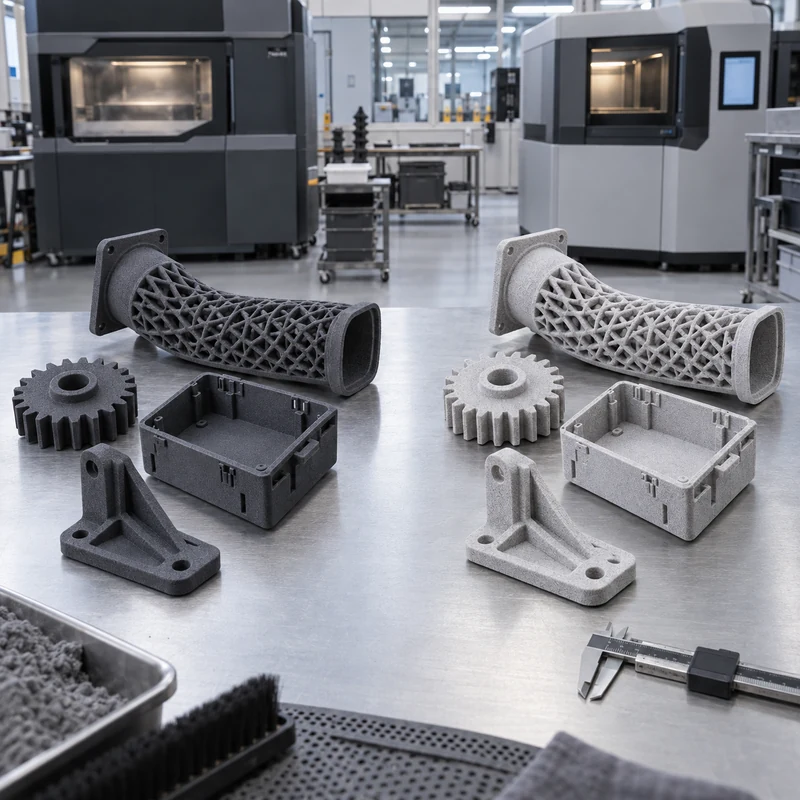 Dark MJF nylon parts and natural SLS nylon parts compared on an additive manufacturing workbench