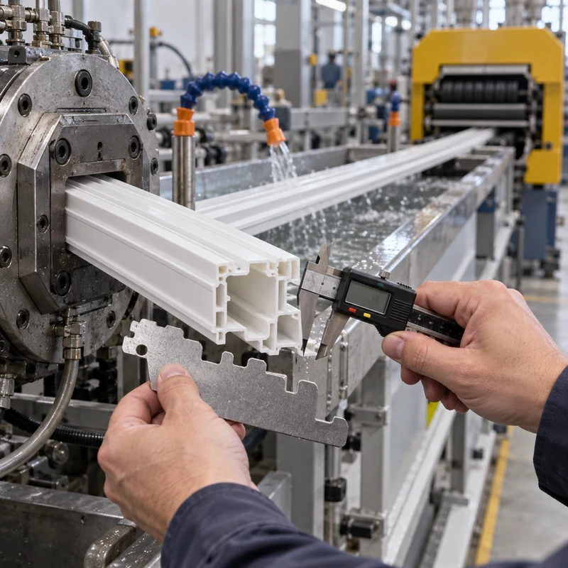 Technician measuring a complex plastic extrusion profile at the extrusion line