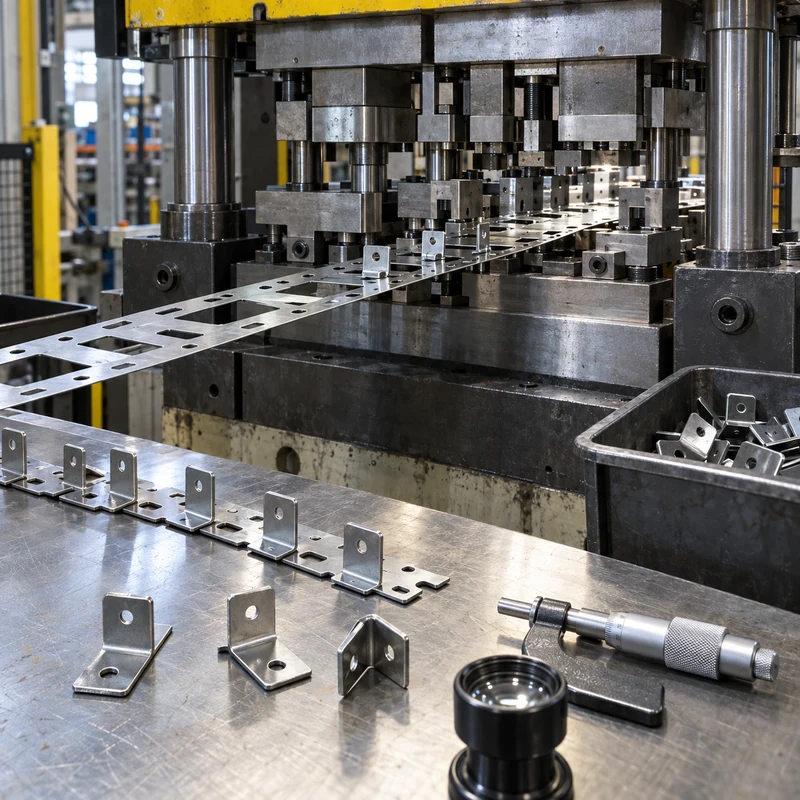 Progressive die stamping press producing connected steel brackets with inspection tools nearby