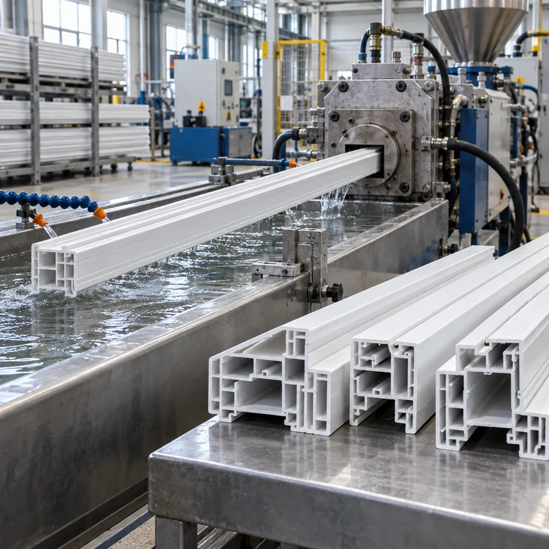 White multi-chamber PVC profiles leaving an extrusion die and cooling line