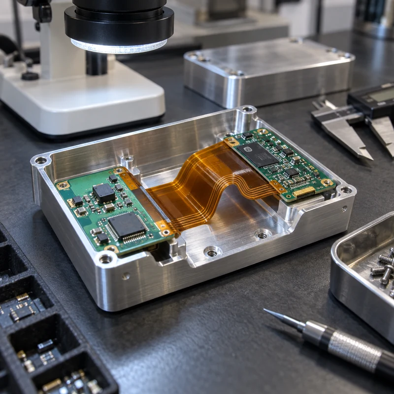 Rigid-flex PCB folded between two rigid boards inside a CNC-machined aluminum enclosure