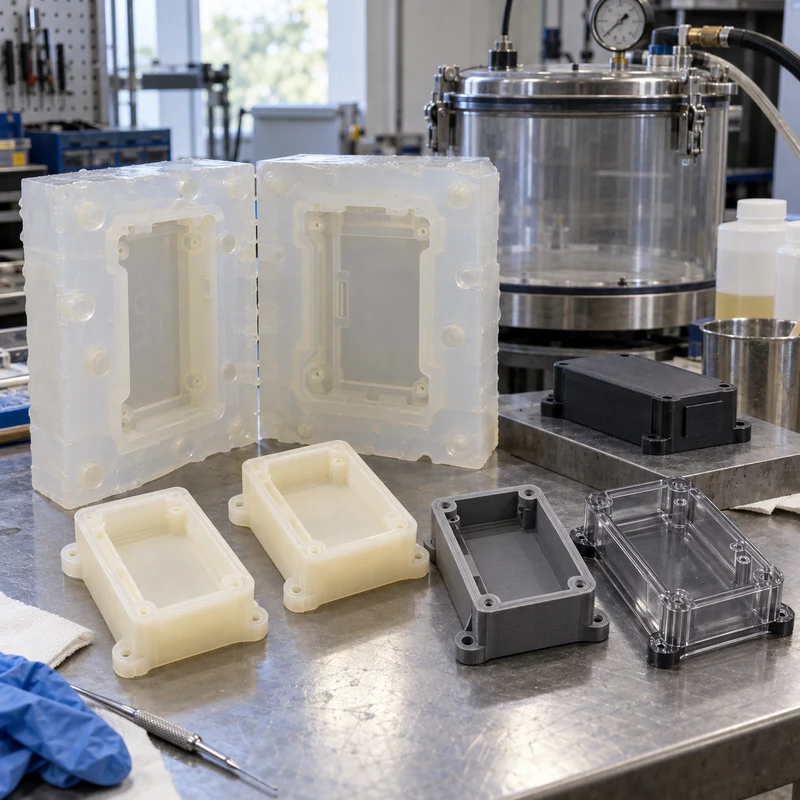 Silicone vacuum casting mold beside cast polyurethane and 3D printed enclosure prototypes