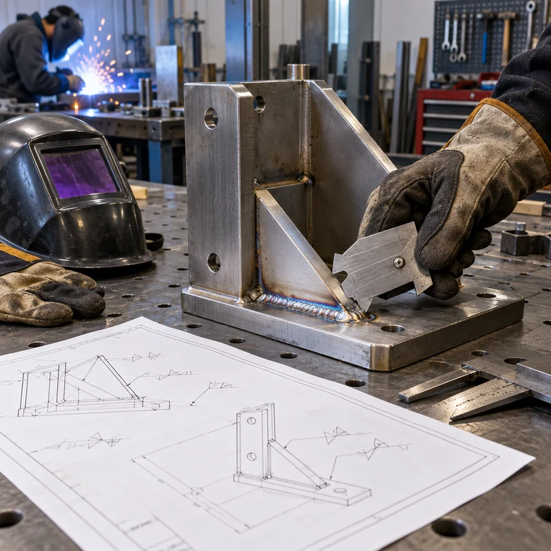 Welder inspecting a welded machined bracket beside an engineering drawing with welding symbols