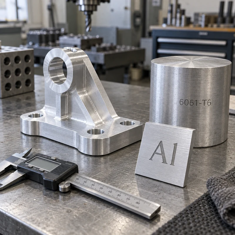 Al element marking beside a 6061-T6 billet and a machined aluminum bracket on an inspection bench