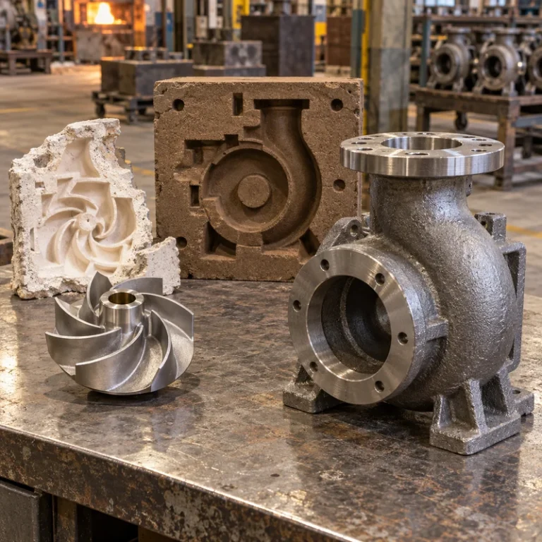 Investment cast small steel component beside a larger sand cast housing and foundry mold samples