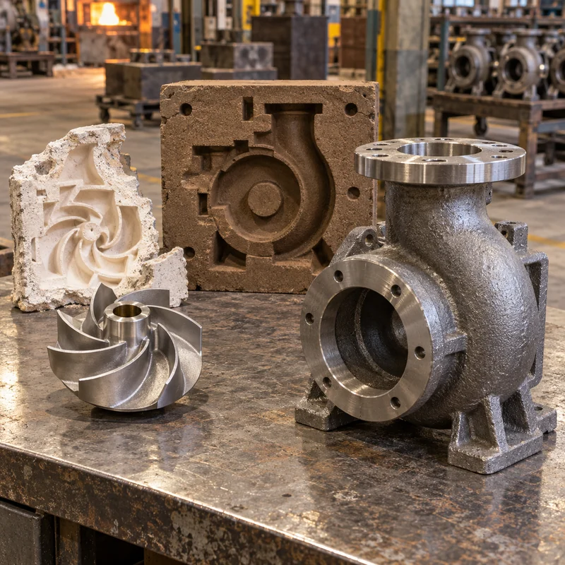 Investment cast small steel component beside a larger sand cast housing and foundry mold samples