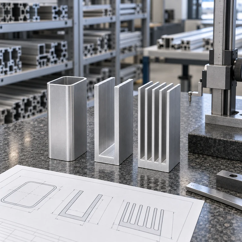 Aluminum tube, channel, and heat-sink sections beside a height gauge during a profile design review