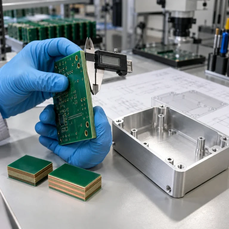 Engineer inspecting FR4 PCB laminate samples and a fitted circuit board beside a machined aluminum enclosure