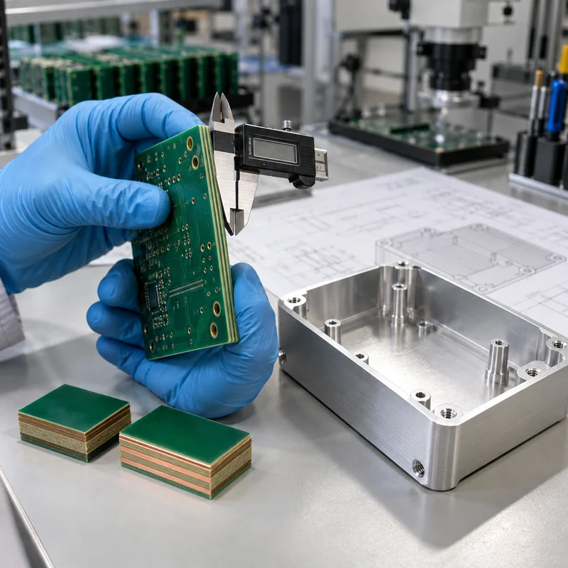 Engineer inspecting FR4 PCB laminate samples and a fitted circuit board beside a machined aluminum enclosure