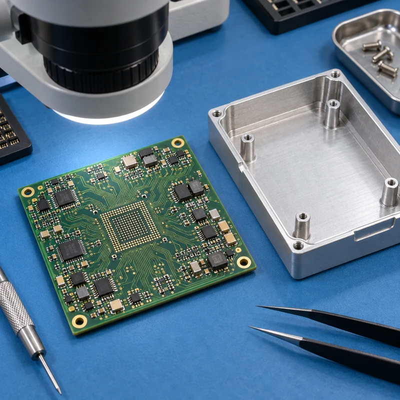 Dense circuit board inspected under a microscope beside a machined aluminum enclosure