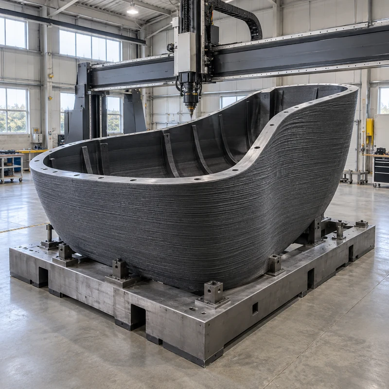 Oversized layered polymer tooling shell with a machined mounting flange on a gantry workshop fixture