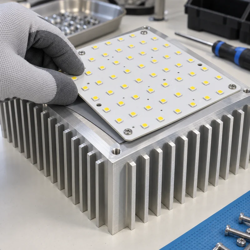 Aluminum backed LED circuit board being fitted to a finned machined heat sink on an electronics bench