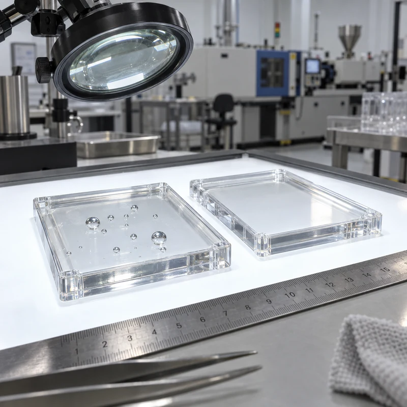 Clear molded polymer samples with and without internal bubbles on a backlit inspection bench