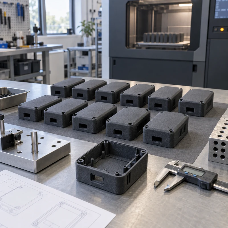 Small batch of nylon printed housings with an inspection fixture and caliper on a workshop bench