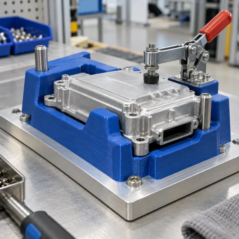 Polymer assembly nest with steel locating pins and aluminum base holding a machined housing