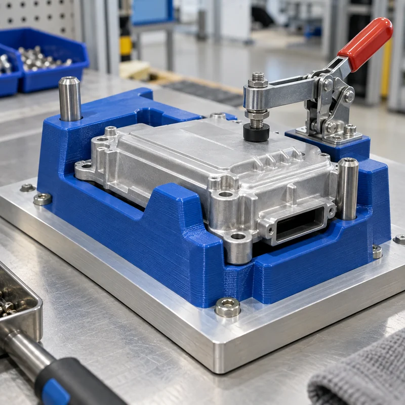 Polymer assembly nest with steel locating pins and aluminum base holding a machined housing