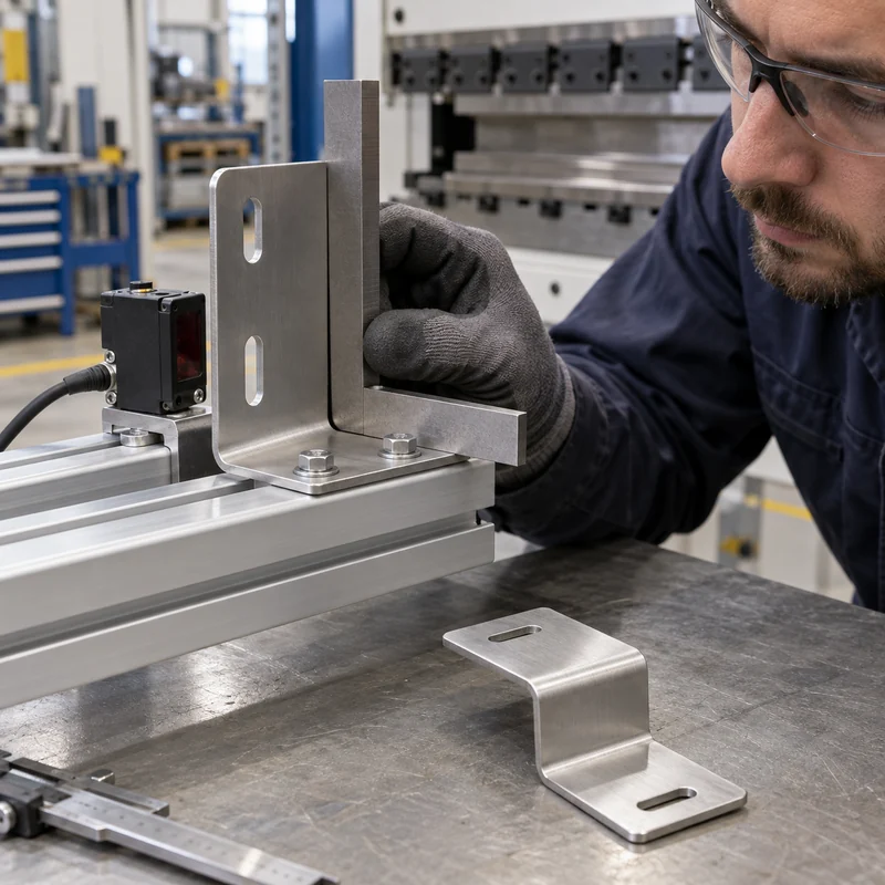 Inspector checking a bent stainless steel mounting bracket against an industrial rail assembly